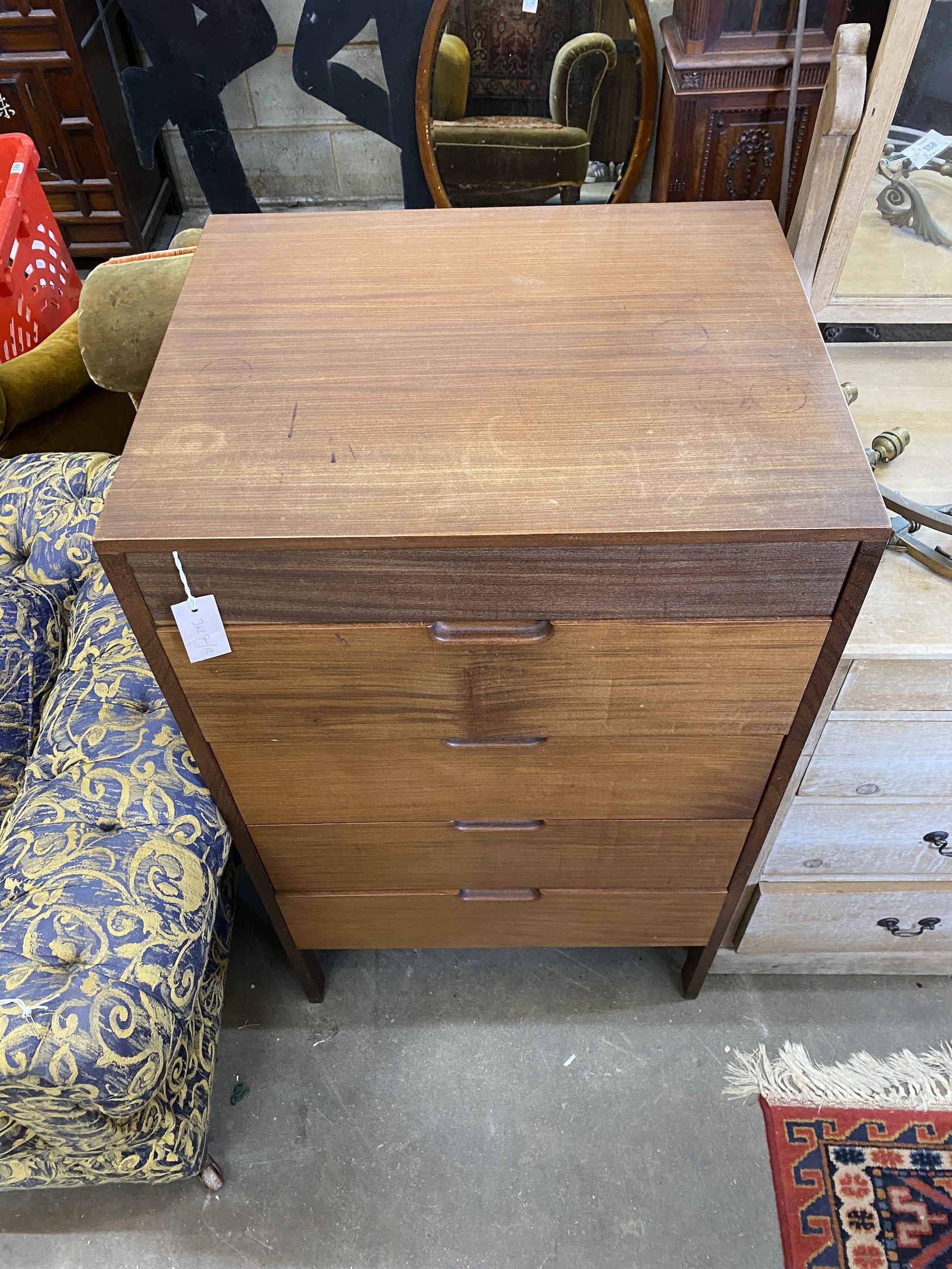 A mid century design teak five drawer chest, width 62cm, depth 51cm, height 108cm